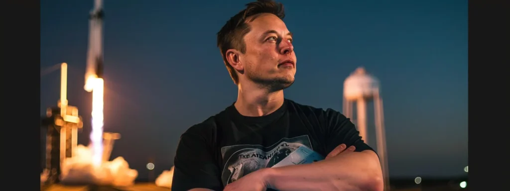 elon musk, wearing a black tesla logo t-shirt, gazes confidently at the night sky with a spacex rocket in the background, holding a hardcover book titled 'the future of humanity'.