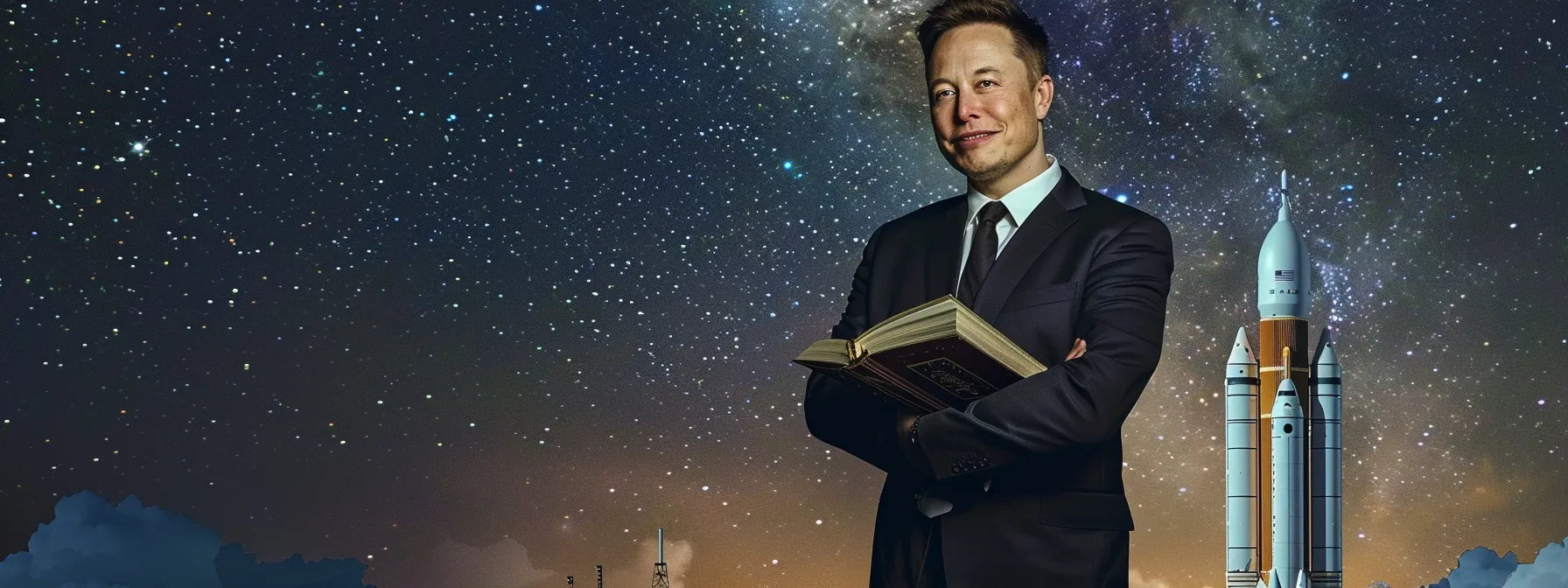 elon musk, with a confident smile, stands against a starry night sky backdrop, holding a book titled 'the future of humanity' next to a spacex rocket, surrounded by futuristic lab equipment and blueprints.