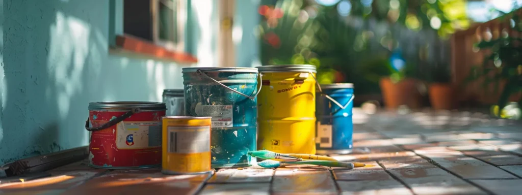 vibrant paint cans and meticulous preparation tools laid out in front of a beautiful, sunlit phoenix home.