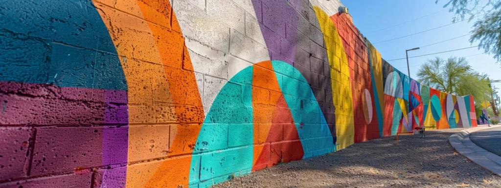 vibrant paintbrush strokes transforming a dull exterior wall into a colorful masterpiece in phoenix.