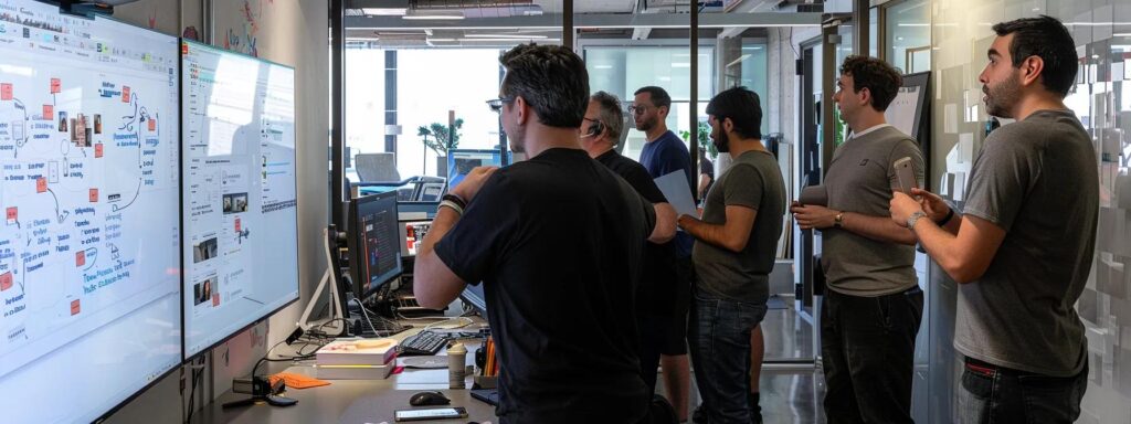 a diverse team collaborating in a modern office space, utilizing digital tools and interactive boards to implement agile frameworks like scrum, showcasing flexibility and adaptability in their approach.