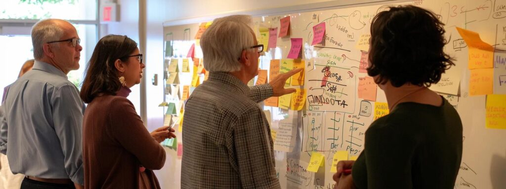 a diverse team of professionals collaborating around a whiteboard filled with colorful sticky notes, charts, and sketches, showcasing the efficiency and productivity of agile methodology.