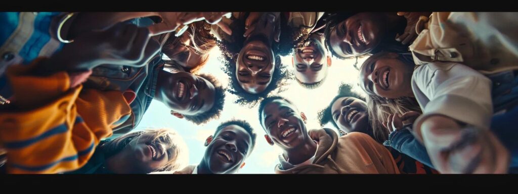 a group of diverse, smiling individuals standing together in a circle, radiating positivity and support.