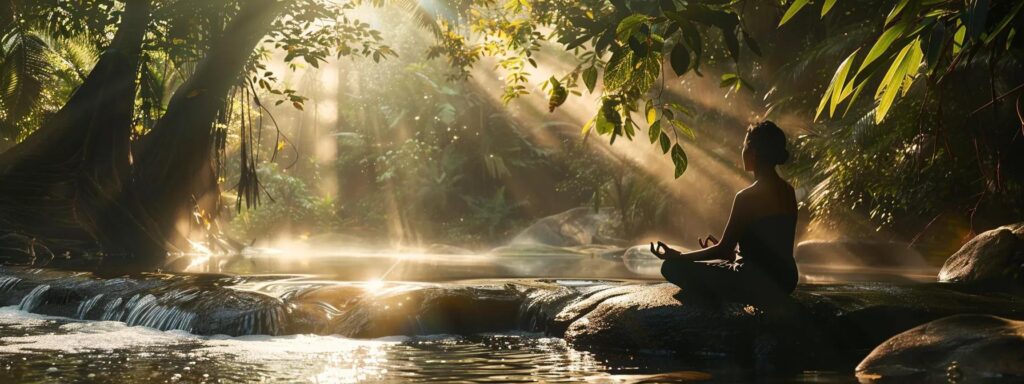 a person peacefully meditating in a serene natural setting, surrounded by calming elements like soft sunlight filtering through trees and gently flowing water.