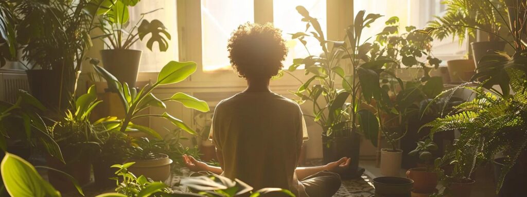 a person peacefully practicing morning affirmations surrounded by plants and natural light.