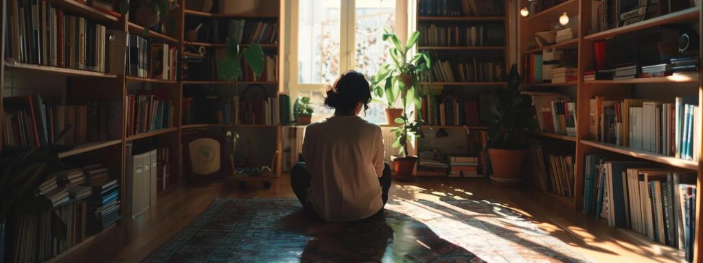 a person sitting in a cozy reading nook, surrounded by shelves of books on self-love, deep in thought and reflection as they absorb new insights and techniques to improve self-acceptance.