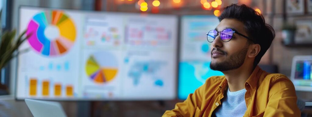 a young entrepreneur, manick bhan, passionately discussing seo strategies surrounded by colorful graphs and charts on a digital screen.