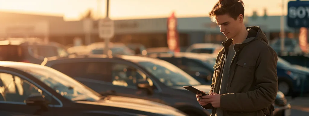 a customer reading glowing online reviews while standing in front of a reputable dealership's lot filled with certified pre-owned cars.