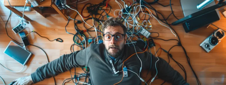 a frustrated man surrounded by a mess of tangled cords and smart home devices, trying to troubleshoot connection problems.