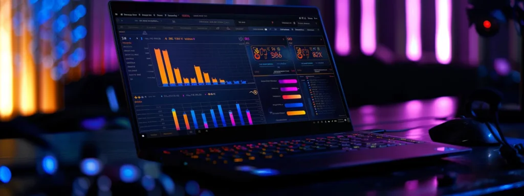 a laptop displaying a keyword position monitoring tool dashboard, with colorful graphs and rankings, symbolizing the strategic intelligence essential for effective seo marketing.