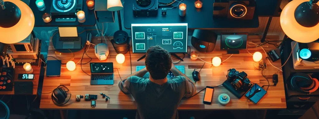 a person carefully examining a smart home network setup, analyzing signal strength and device compatibility, surrounded by various tech gadgets and routers.