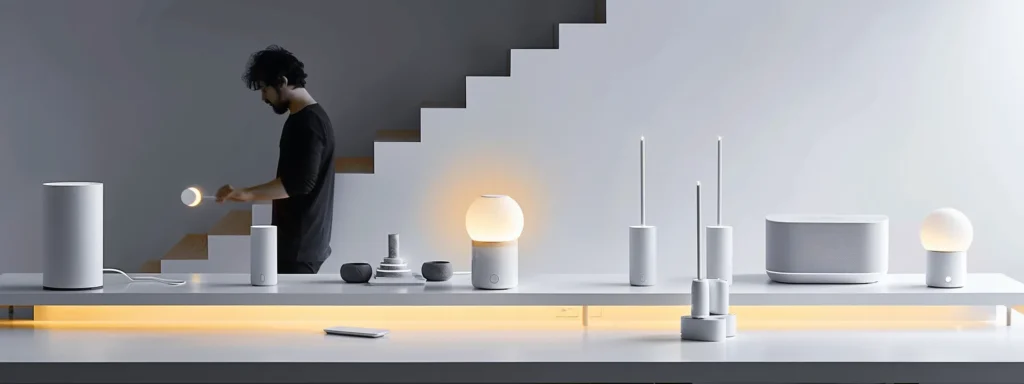 a person carefully positioning a router in a well-lit room surrounded by smart home devices for optimal wi-fi coverage.