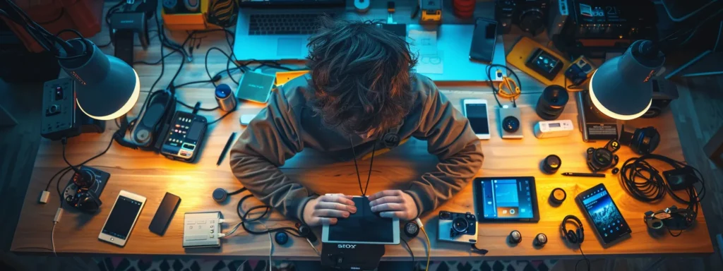 a person carefully resetting and reconfiguring a tangled mess of electronic devices on a sleek, modern desk.