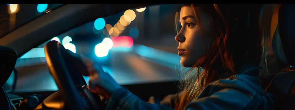 a person carefully test driving a used car, focusing intently on the steering wheel while assessing the vehicle's performance and comfort.