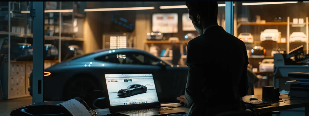 a person confidently negotiating with a car seller, armed with detailed market research data on a laptop and surrounded by printouts of car prices.