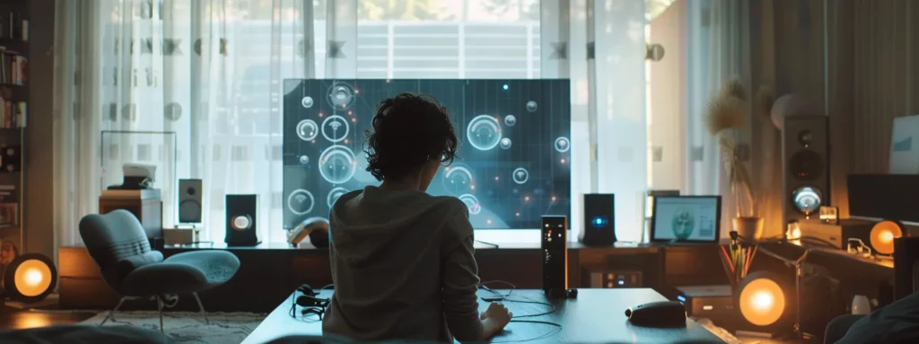 a person meticulously updating the firmware of a smart home device, surrounded by a futuristic array of interconnected gadgets.