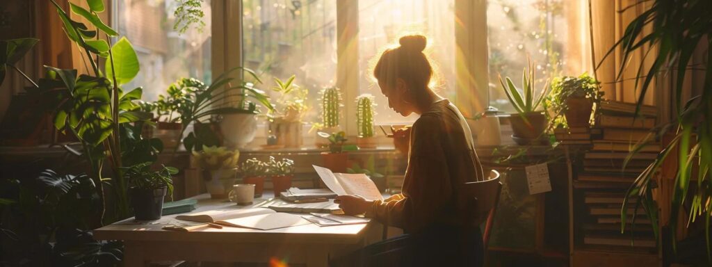 a person peacefully journaling in a sunlit room filled with plants, surrounded by notes of gratitude and affirmations, fostering self-love and emotional awareness.