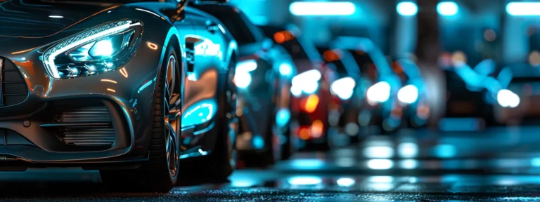 a row of sleek, shiny used cars on a brightly lit car lot, showcasing a variety of makes and models.