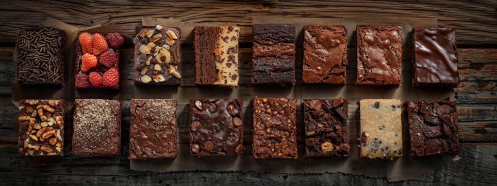 a tantalizing array of freshly baked brownies, with a variety of textures and toppings, arranged on a rustic wooden table.