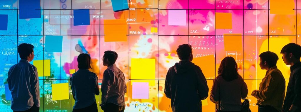 a diverse group of programmers engaged in lively discussions, brainstorming ideas in front of a whiteboard covered with colorful sticky notes and diagrams, exemplifying the core principles of agile collaboration.