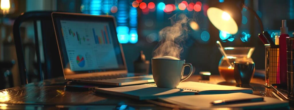 a focused close-up of a vibrant workspace featuring a sleek laptop displaying colorful graphs and analytics, surrounded by open notebooks and a steaming cup of coffee, symbolizing the hustle of crafting a successful content strategy.