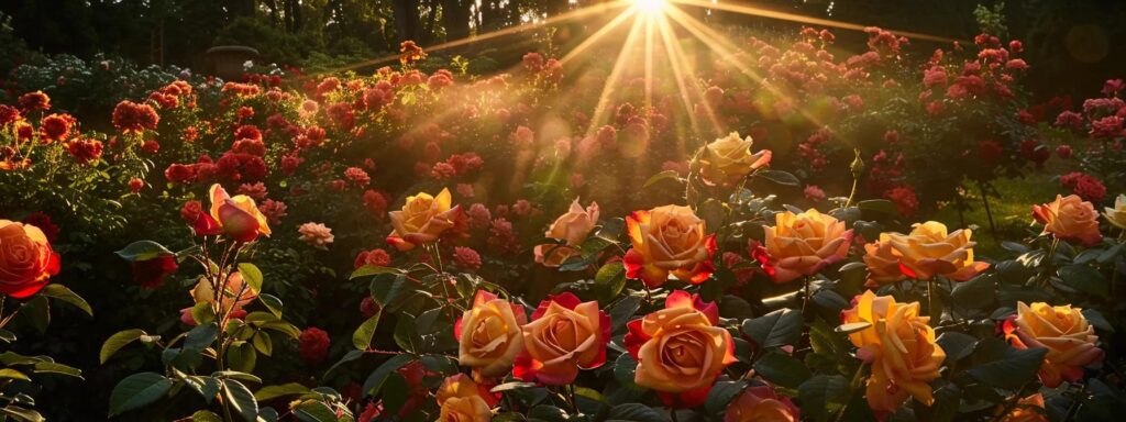 a stunning, vibrant rose garden in full bloom, showcasing a spectrum of colors under soft morning light, symbolizing the journey of nurturing dreams and growth.