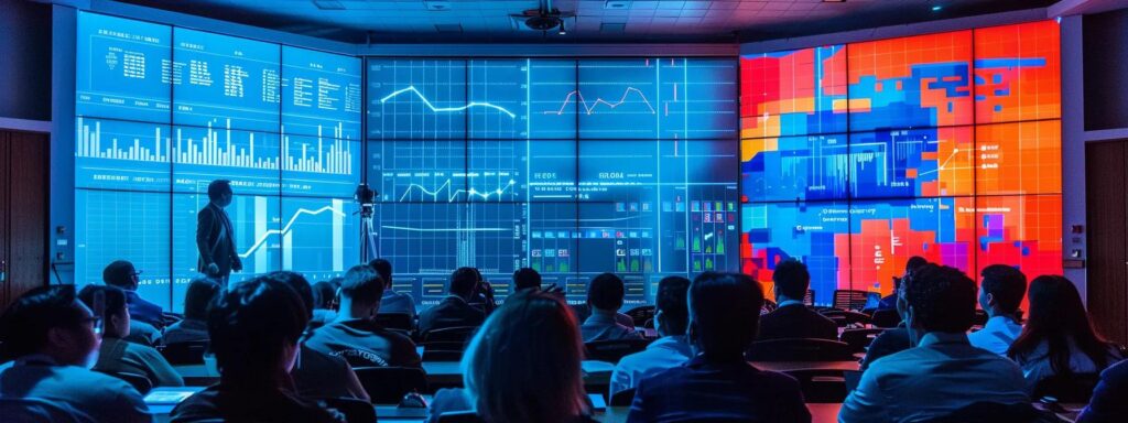 a vibrant conference room buzzes with energy as manick bhan passionately shares seo strategies, illuminated by the glow of a large screen filled with dynamic charts and graphs.