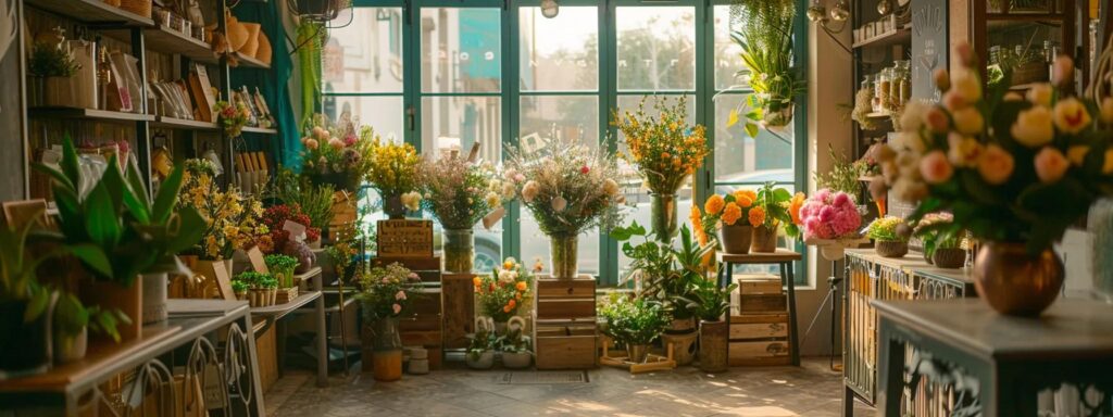 a vibrant flower shop, adorned with unique decor elements that showcase its identity, is illuminated by soft, natural light filtering through large windows, creating an inviting atmosphere that highlights the freshness and beauty of the blooming arrangements within.