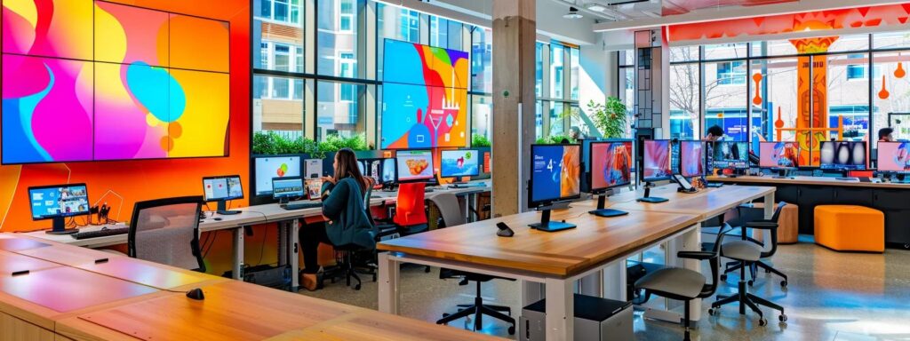 a vibrant, modern workspace filled with colorful graphics and interactive digital displays, capturing the essence of user engagement and innovation in technology.